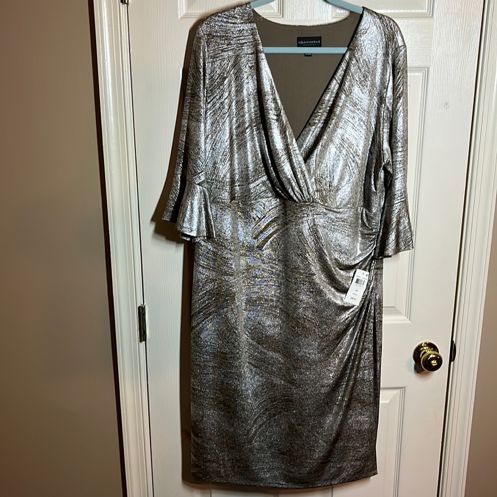 Classy metallic silver and taupe cocktail dress
